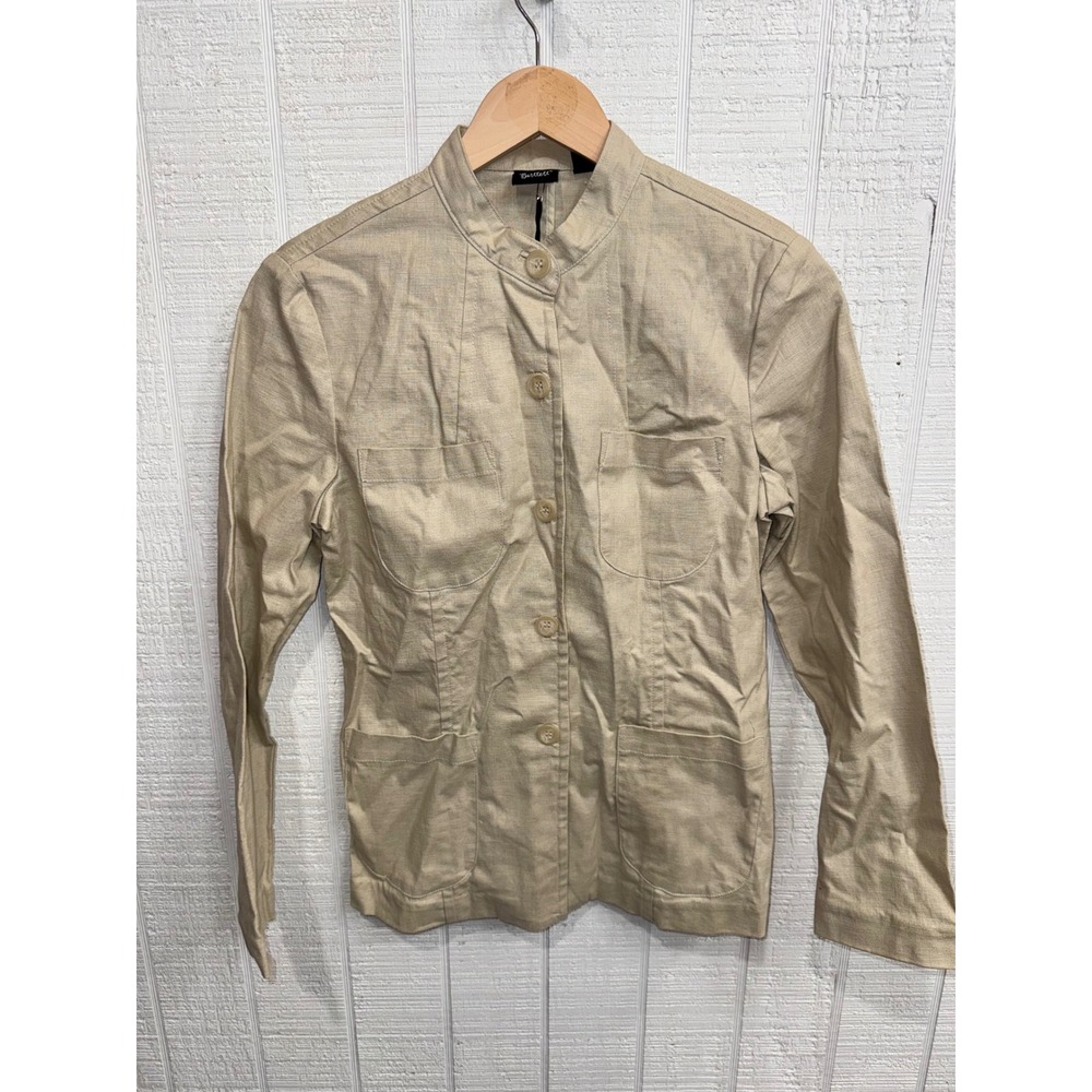 Alexandra Bartlett Utility Jacket Tan Linen Blend Mandarin Collar 4-Pocket Small